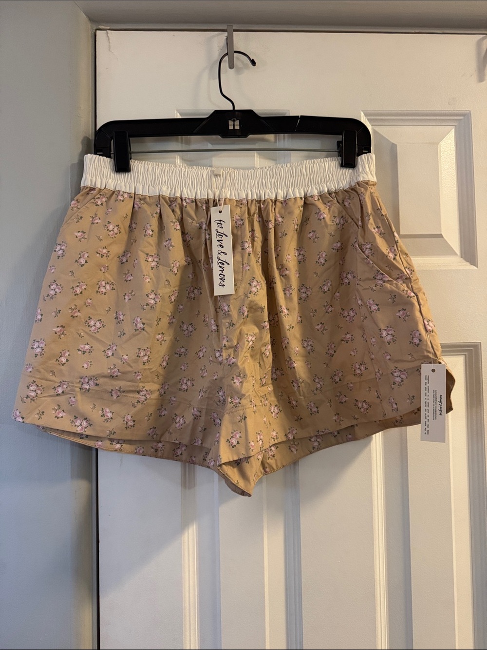 For Love & Lemons Beige Floral Elastic Waist Sleep Shorts